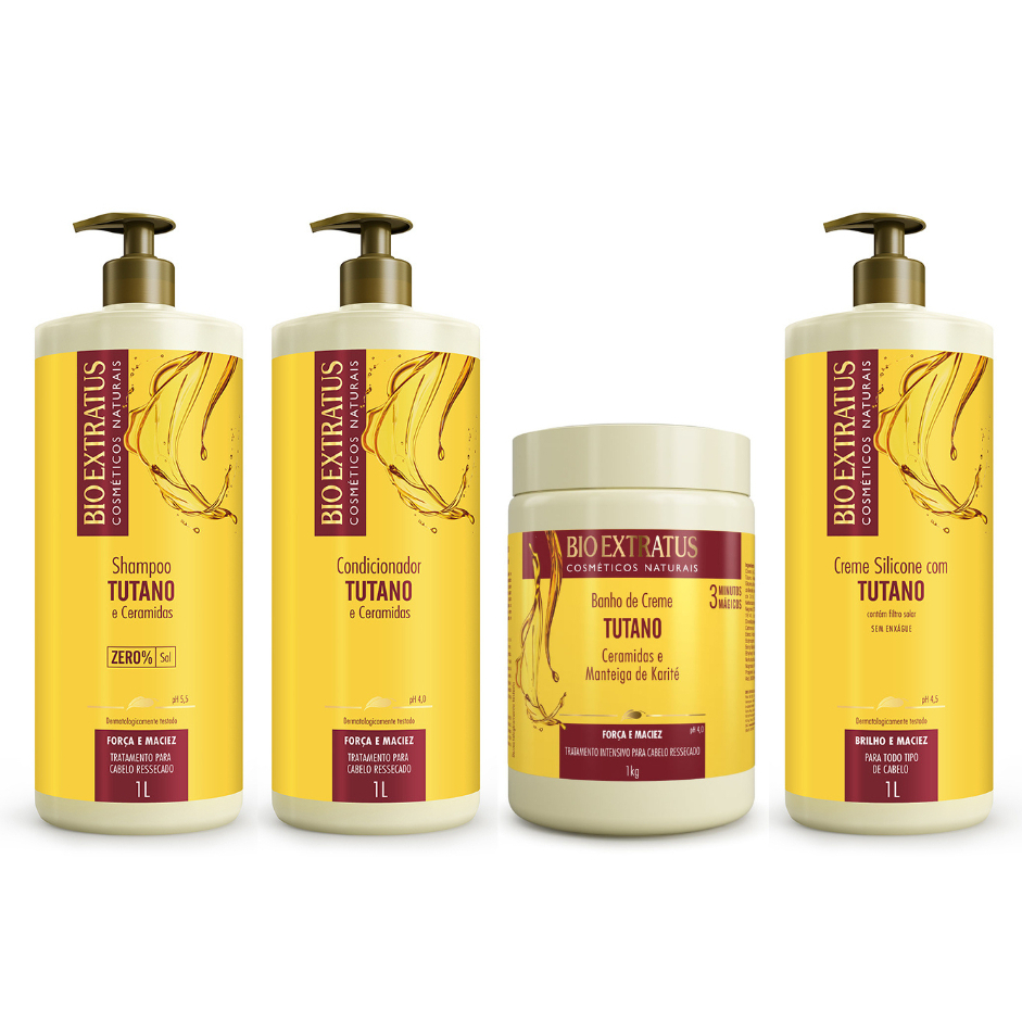 Kit Tutano Shampoo Condicionador Banho de Creme e Creme de Silicone 1L Bio Extratus Força