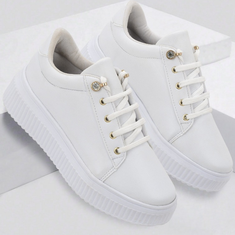 Tênis Feminino Casual Caixa Alta Sola Super Confortável Pedra Cristal Piercing Macerata Ref: 1.102