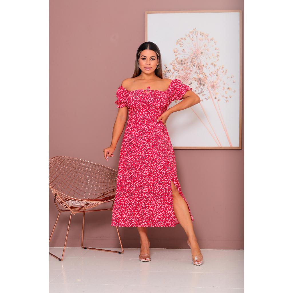 Vestido Feminino Midi com Manga Princesa com forro e Fenda na Frente Elegância - Moda Casual em Oferta na Shopee