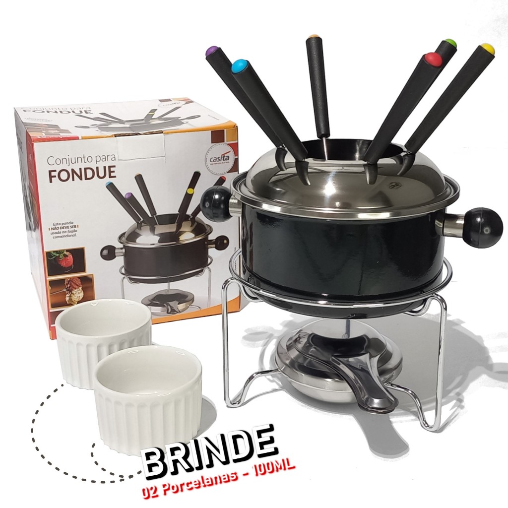 Kit Panela Fondue 1L Aparelho 10 peças Conjunto Inox com 2 Ramequins 100ml Porcelana Brind...