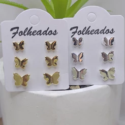 Brinco Trio Borboleta Banhada A Prata 925 É Ouro 18K
