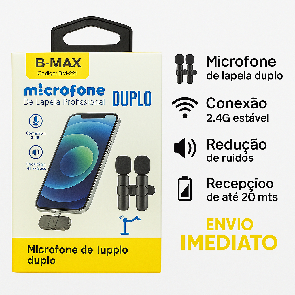 Microfone Sem Fio Duplo Lapela Vlog Tipo C Microfone de Lapela - BM-221