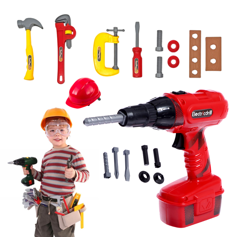 Kit  Brinquedo Ferramentas Infantil Engenheiro Com Capacete Furadeira Parafusadeira Faz de Conta em Oferta na Shopee