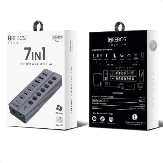 HUB 7 IN 1 Para Notebook e MACCom 3 USB E 4 Type-C GBPS 3A HREBOS AD-227 — imagem 2 de 2