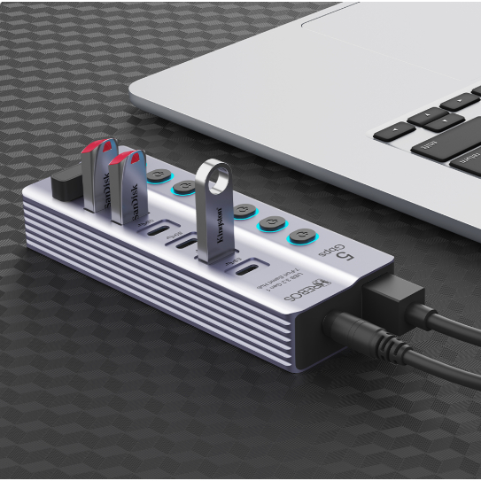 HUB 7 IN 1 Para Notebook e MACCom 3 USB E 4 Type-C GBPS 3A HREBOS AD-227