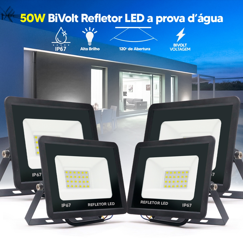 Kit 4 Refletores LED 50W Holofote Flex Bivolt IP67 Branco Frio 6500K Alta Potência à Prova D'Água