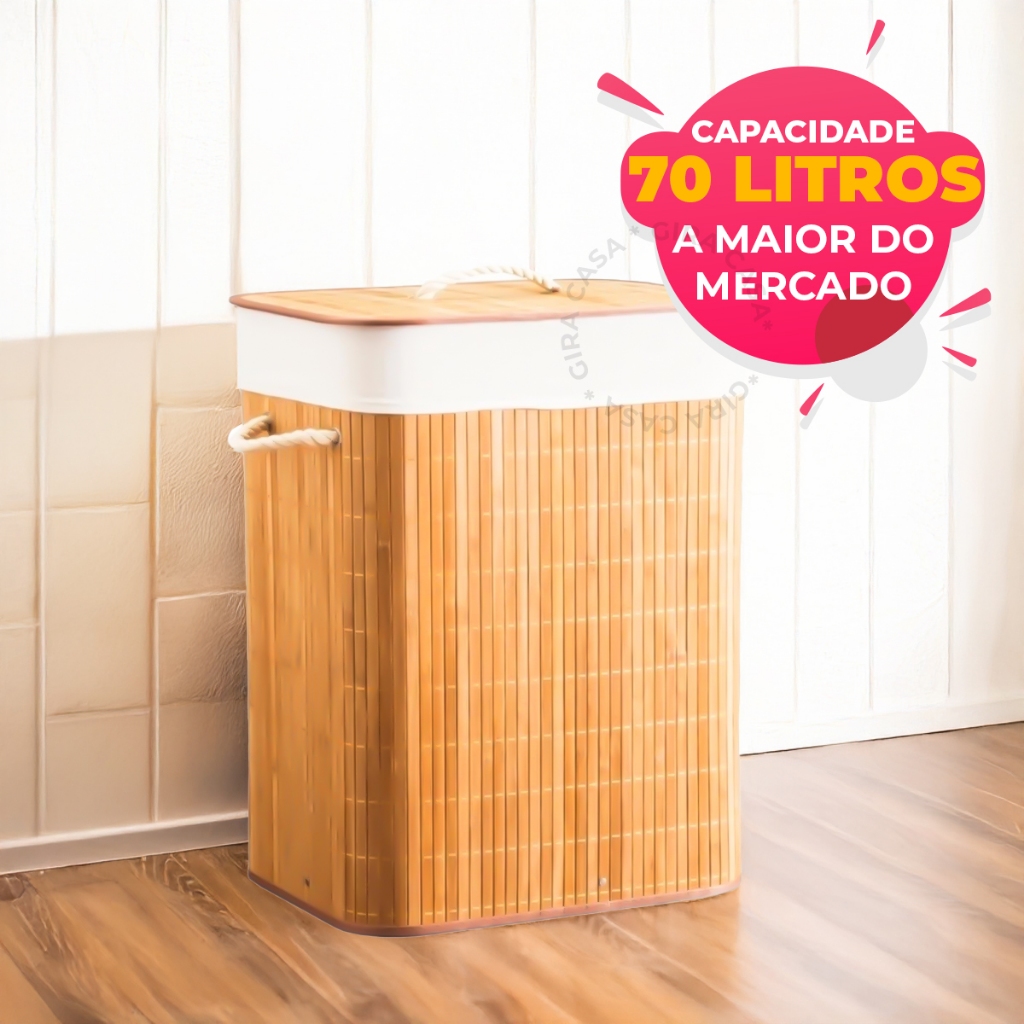 Cesto de Roupa Suja 70 LITROS Lavanderia Bambu c/ Tampa Retangular Forrado Quarto Banheiro...