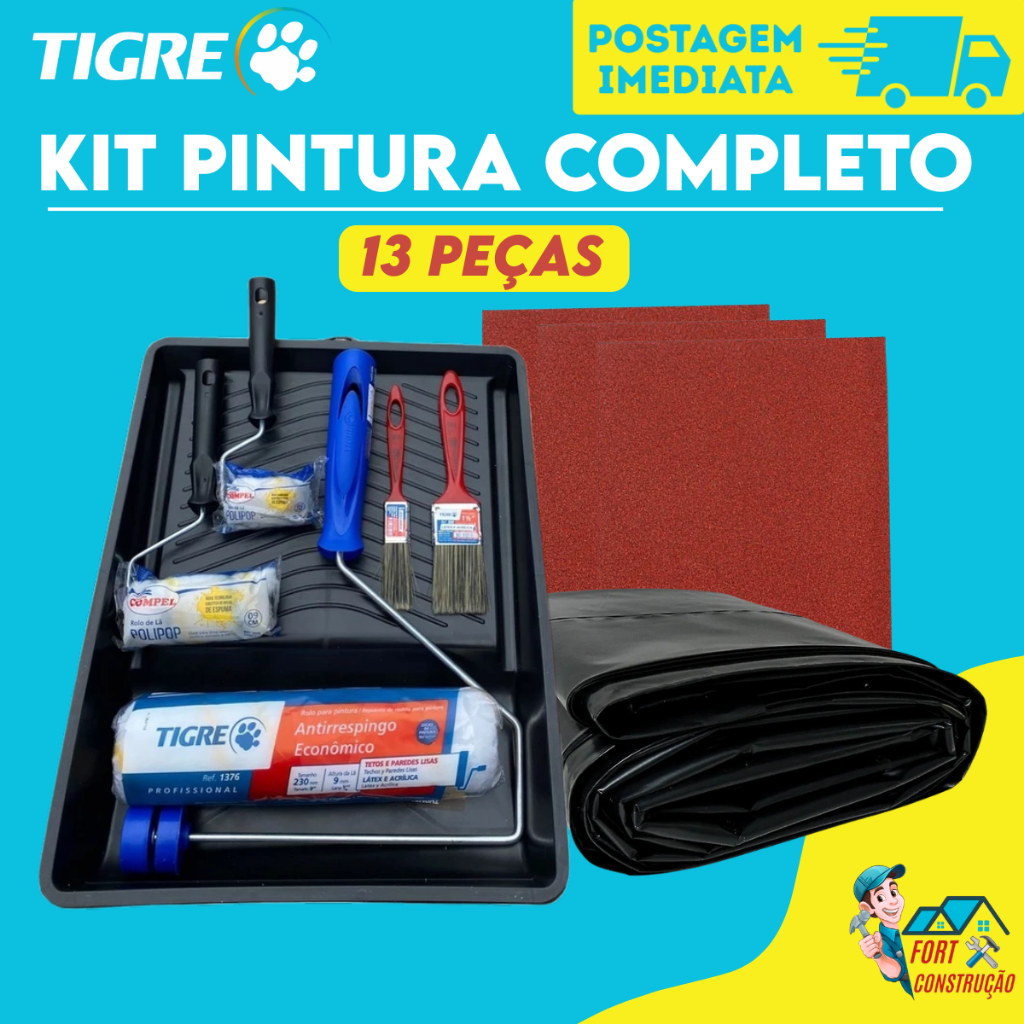 Kit Pintura Parede 13 Peças – Rolo de Lã, Lixa, Pincel e Lona Plástica | Completo e Econômico em Oferta na Shopee