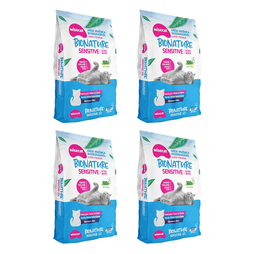 Kit Areia Biodegradável para Gatos Bionature Sensitive Wisecat 2 KG Grãos Finos