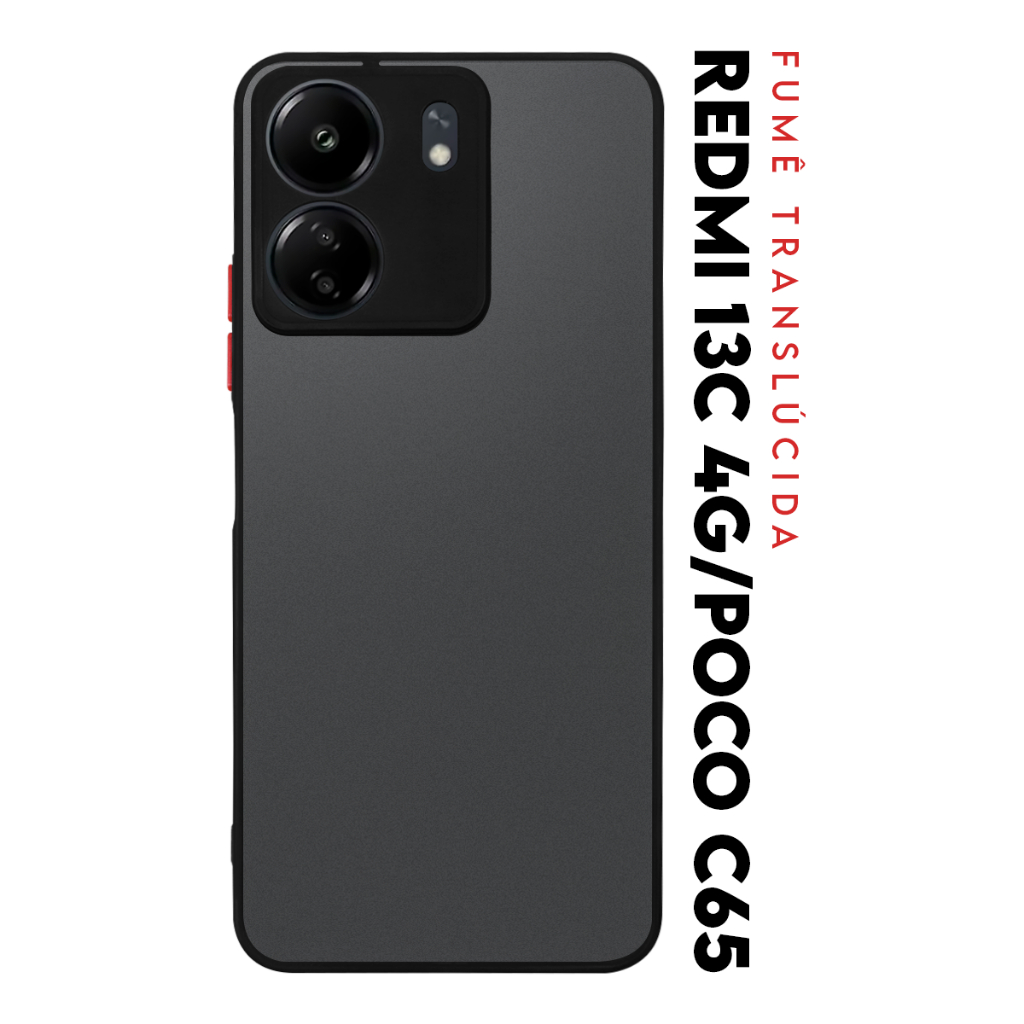 Case Capinha Case Anti Shock Space Acrílico Translucida Fumê Botões Vermelho para Redmi 13C 4G / Poco C65 Tela 6.74