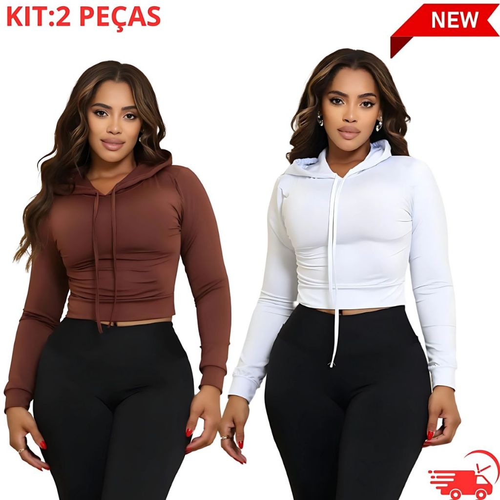 Kit 2 Croppeds Femininos com Capuz e Manga Longa – Estilo e Conforto