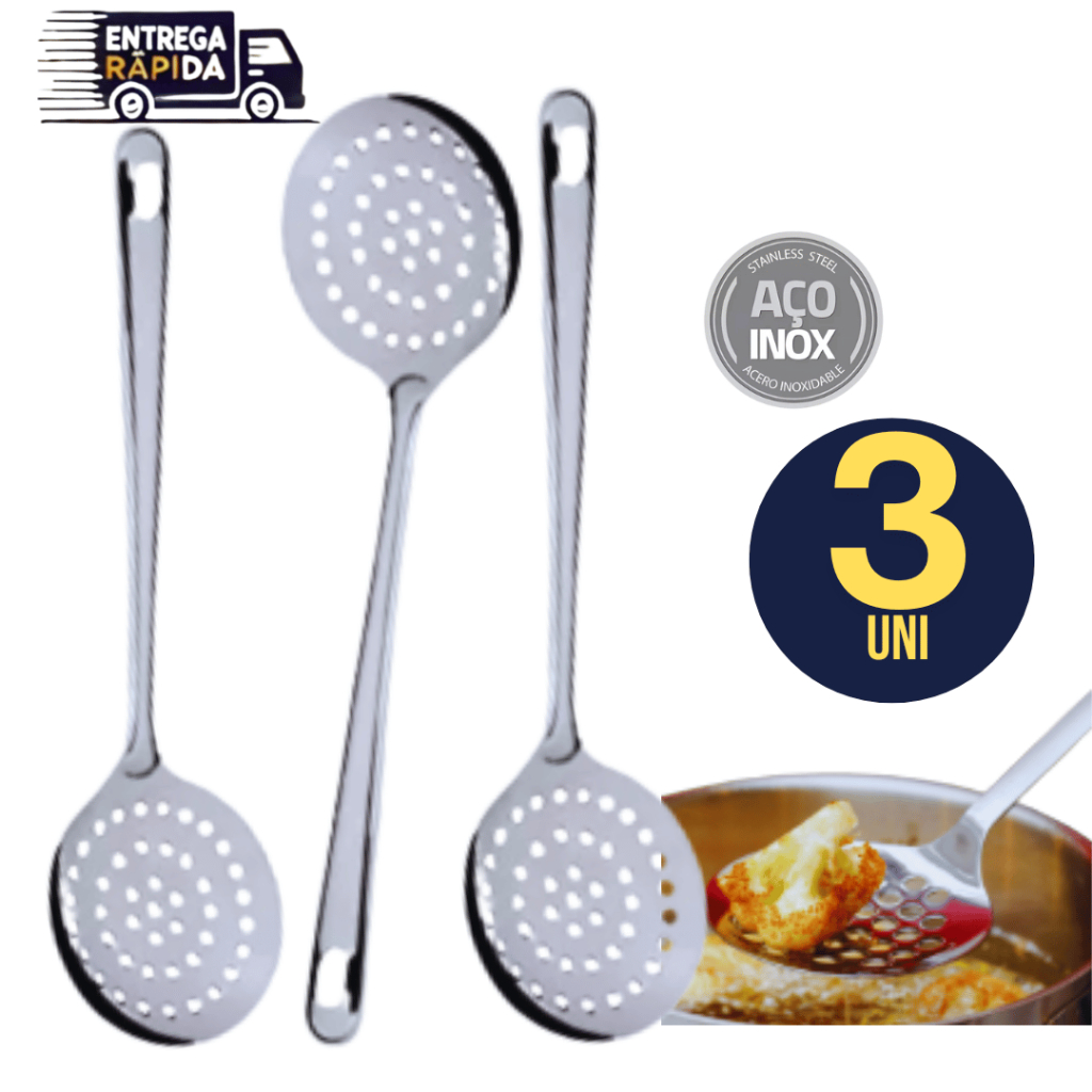 Jogo Kit 03 Escumadeira de Fritura Arroz Massa Aço Inox Resistente Para Casa Cozinha Restaurante Buffet Variáveis