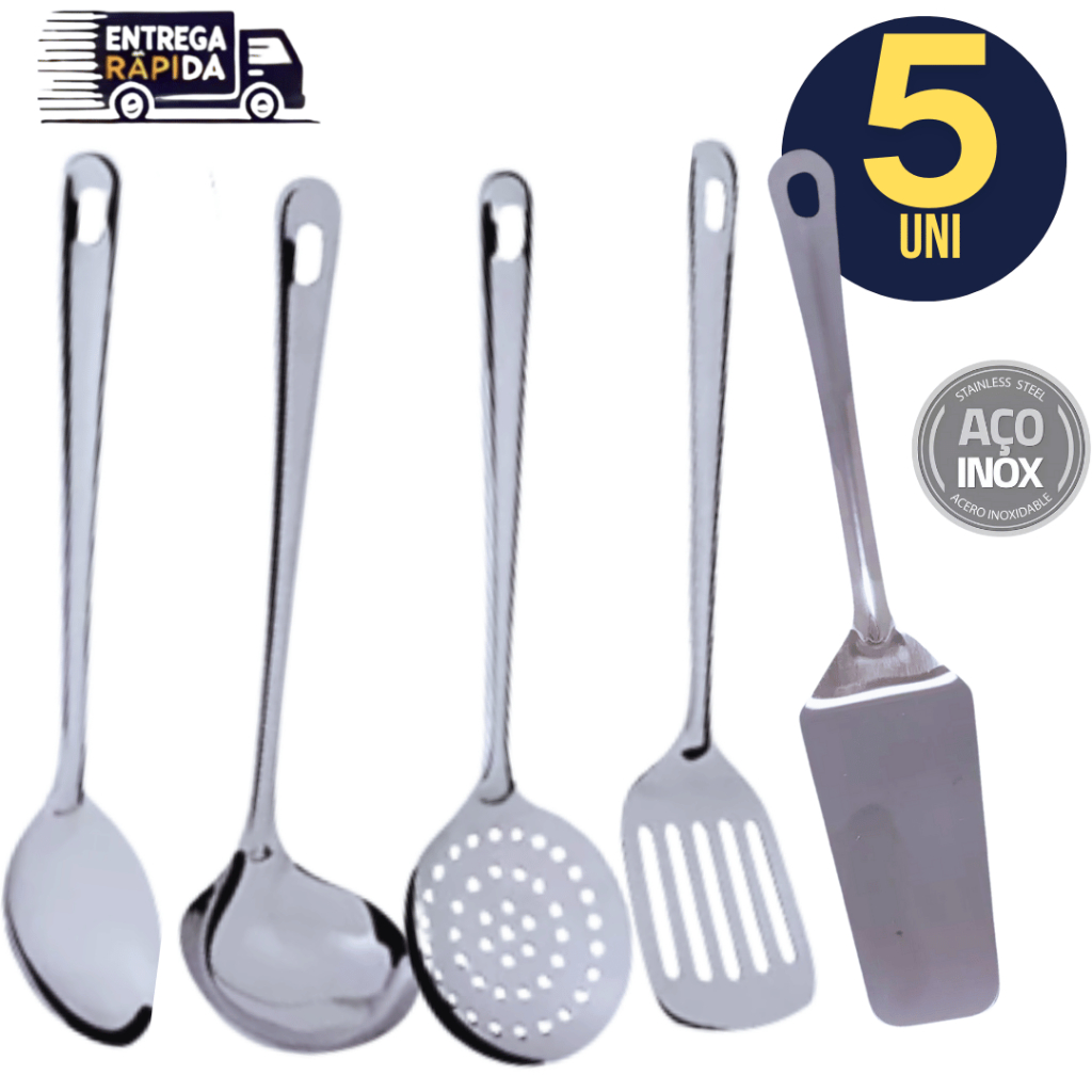 Combo 5 Utensílios em Inox Concha Espátula Escumadeira Colher Arroz Espatula Vazada Cozinha Restaurante Buffet