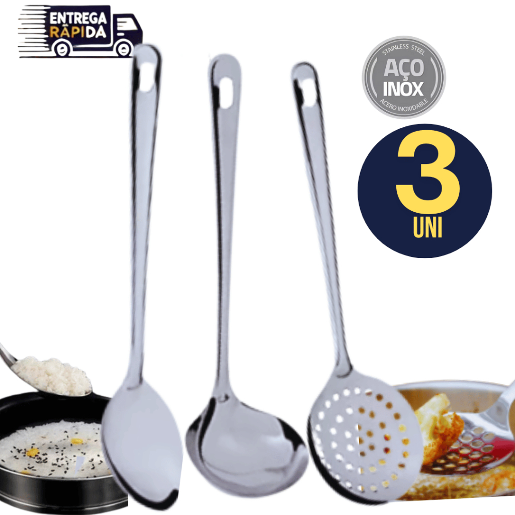 Conjunto Kit Jogo 3 Unidades -  Concha Multiuso Inox Premium Escumadeira Variáveis Utilidades Colher Multiuso Grande