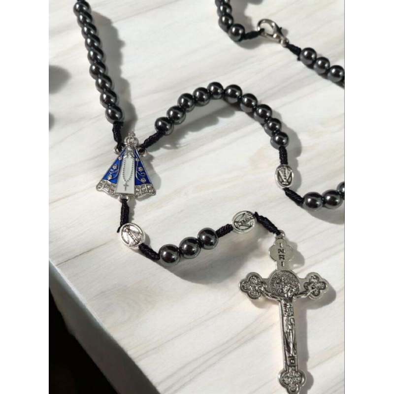 Terço Hematita Colar Nossa Senhora Aparecida Pescoço