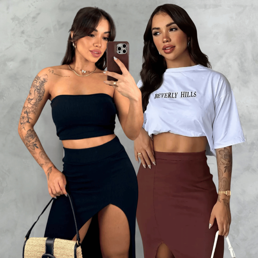Saia Longa Fenda Feminina  Suplex Casual Basico Fenda Lateral Longuete Cintura Alta
