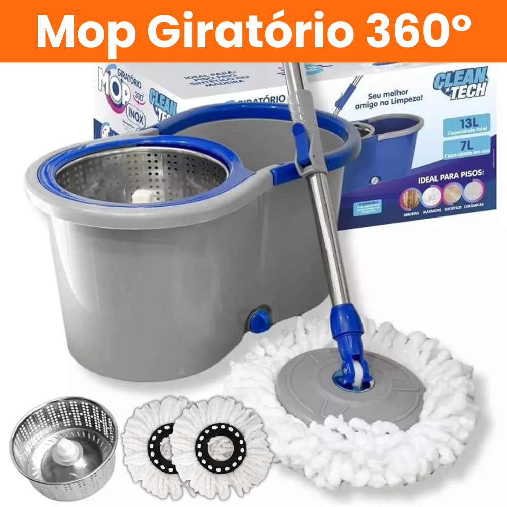 Mop Rodo Giratório 360° Balde Cesto Inox 8L 140cm Com Alça Lava Seca Limpeza Centrifuga Microfibra