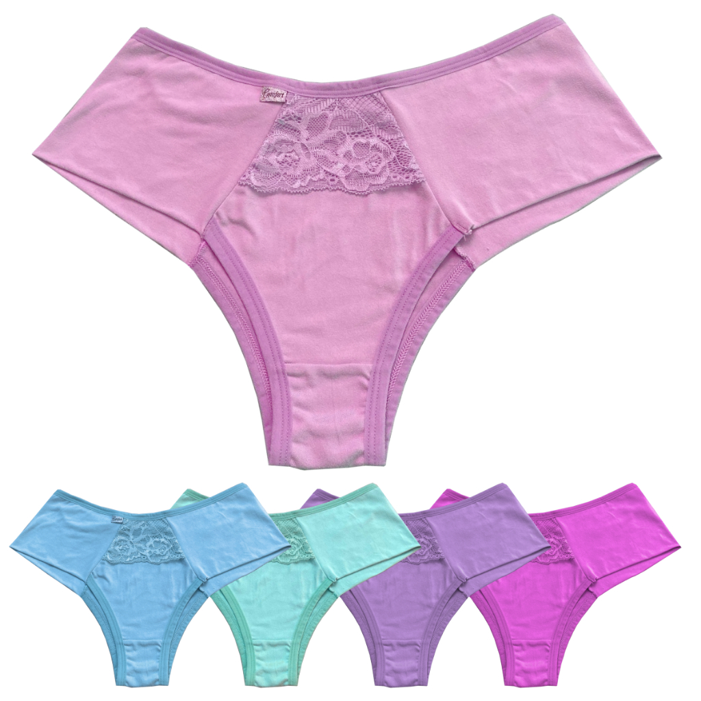 Kit 5 Calcinhas Plus Size Com Detalhes Em Renda E Pala Lateral Ref: 489