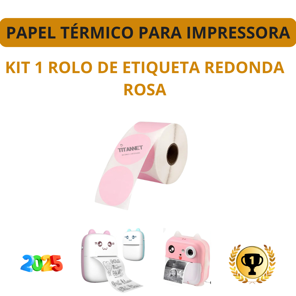 Kit com 1, 3 e 5 Rolos de Etiqueta Adesiva Redonda Rosa para Impressora Gato em Oferta na Shopee
