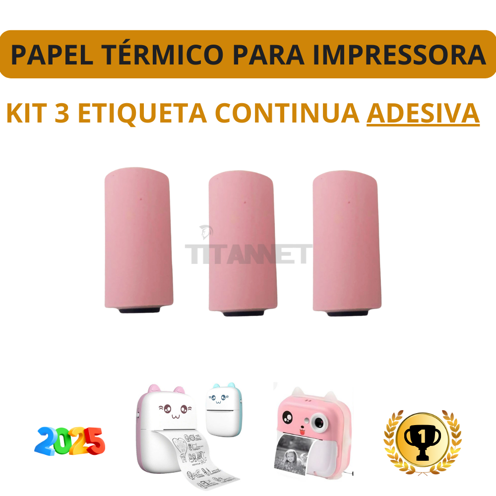 3 Rolos Etiqueta Adesiva Colorida Continua Para Mini Impressora Gatinho