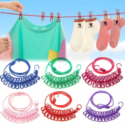 Varal Elástico Portátil Com 12 Grampos Multifuncional Secagem De Roupa