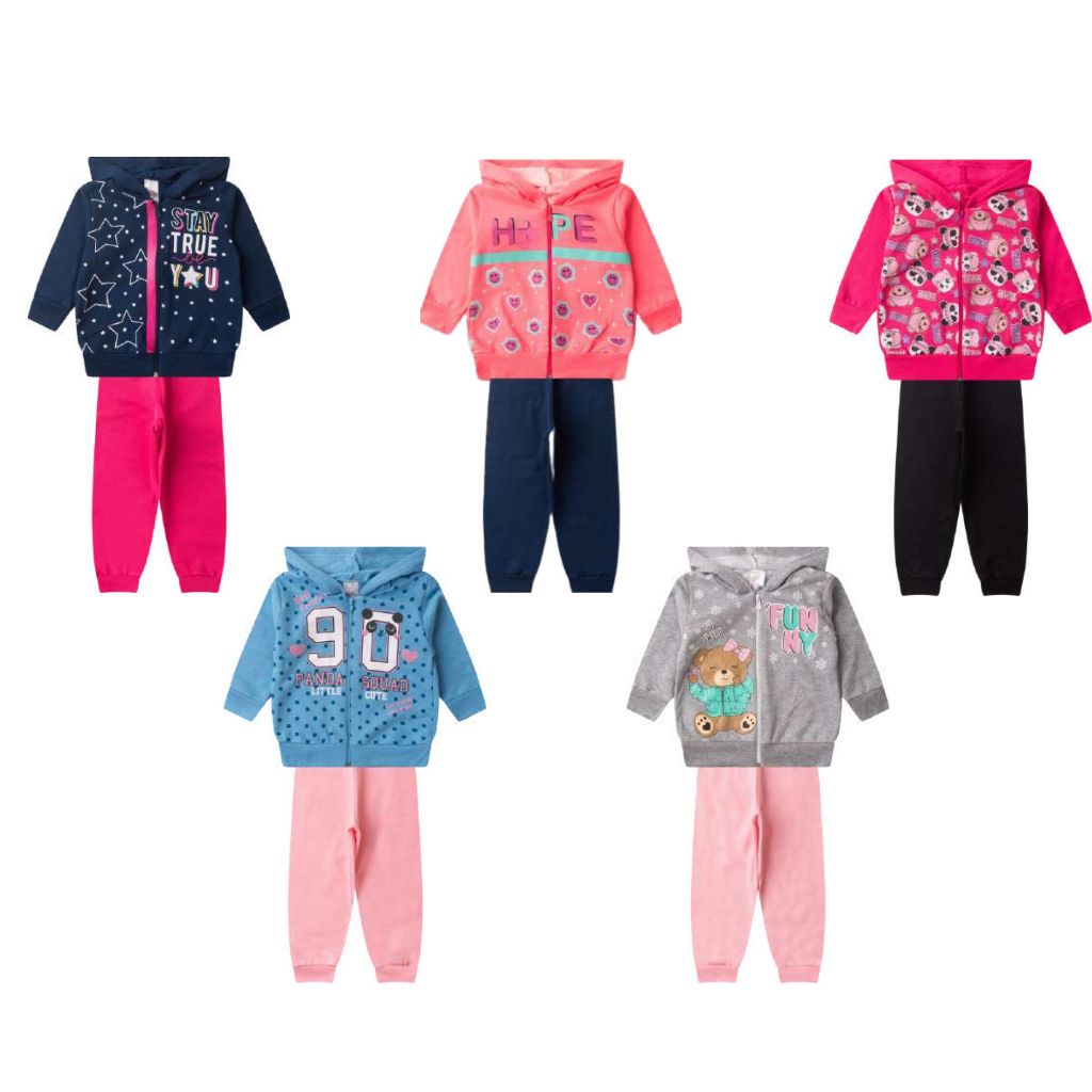 Kit 4 Peças Moletom Infantil Menina Conjunto Inverno Capuz E Ziper 2 Casacos E 2 Calças
