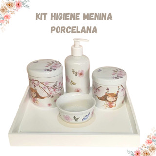 Kit Bebe Higiene Menina Galho Rosa Porcelana Decorativo Organizador