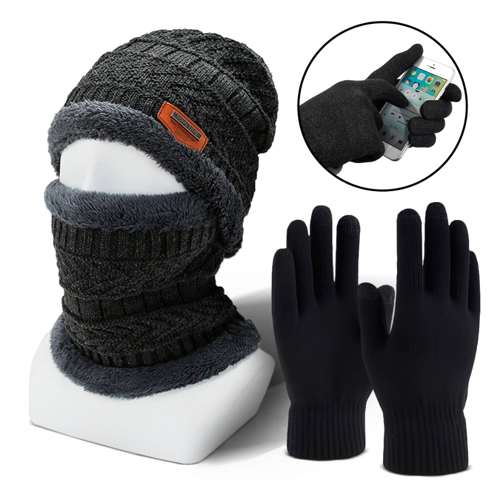 Kit De Frio Intenso Luva Touch + Touca e Protetor De Pescoço Pelinho Forrado Masculino Feminino em Oferta na Shopee