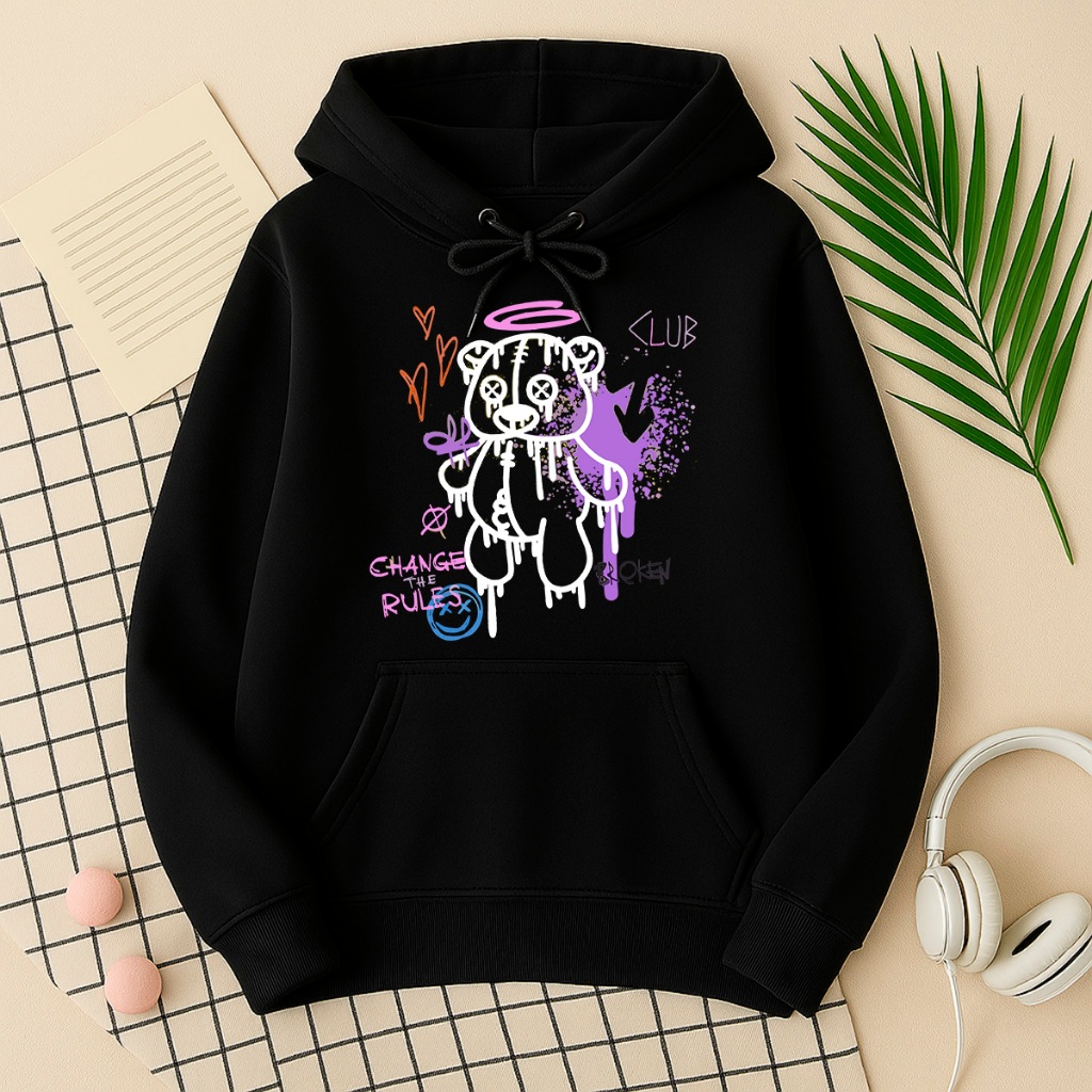 Moletom Feminino Change The Rules "Mude As Regras" Ursinho Estampado Blusão De Frio Flanelado