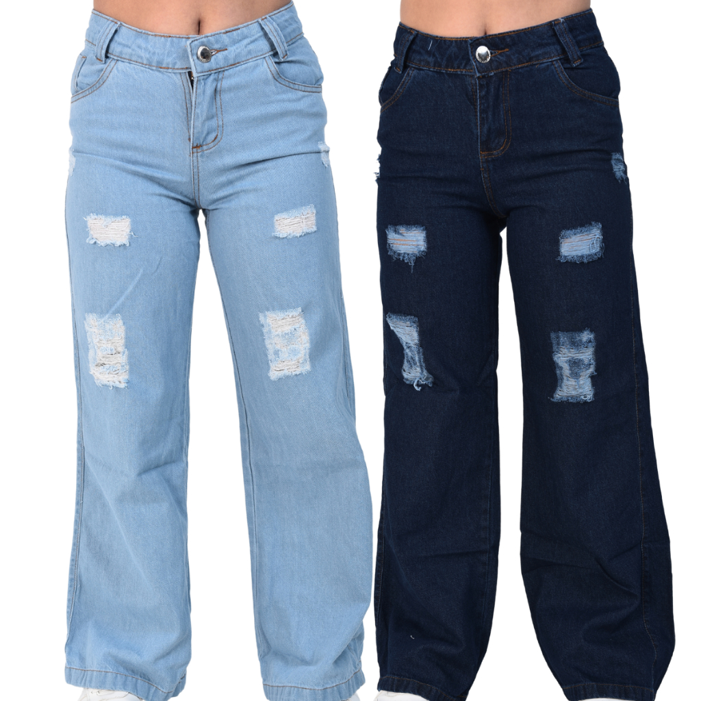 Calça Jeans Wide Leg Pantalona infantil Juvenil jeans premium com destroyd 10 ao 16