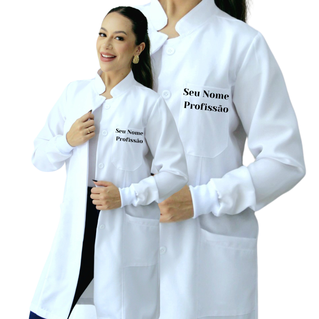 Jaleco Feminino Oxford Branco Botão Gola Padre Personalizado + BORDADO SEU NOME E PROFISSÃO