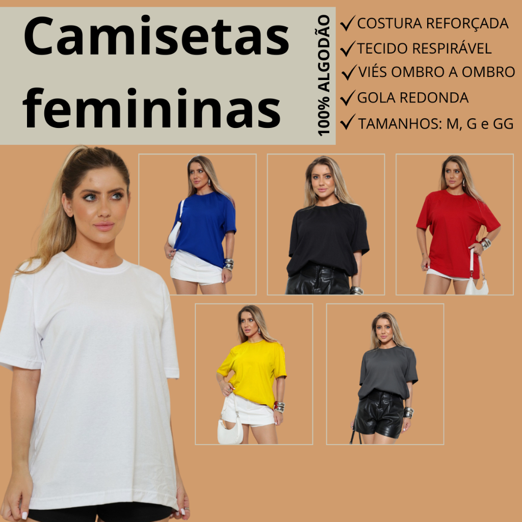 Camiseta lisa Basica 100% algodão Blusa feminina Unissex M ao GG Confortavel soltinha academia  estilo verão em Oferta na Shopee