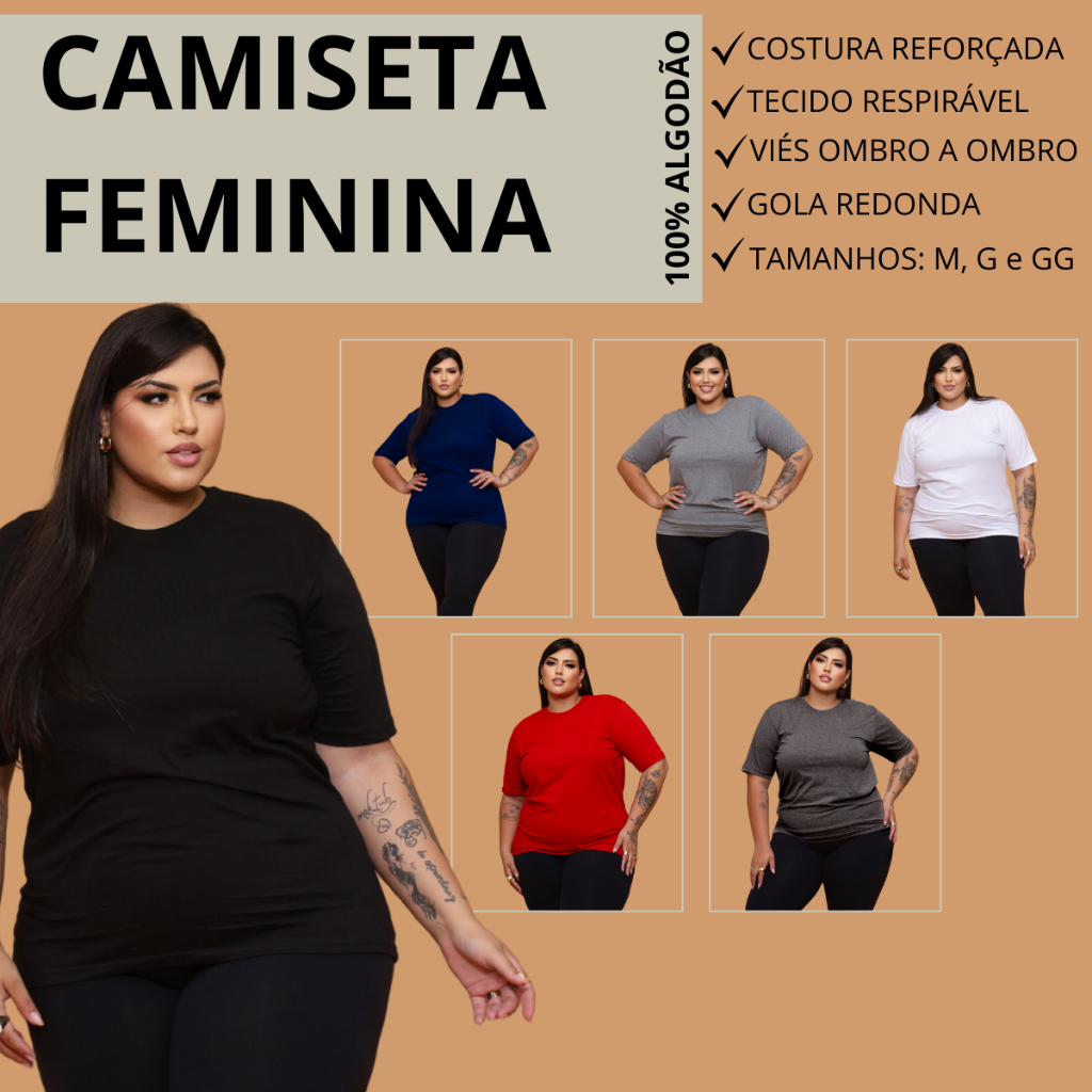 Camiseta feminina PRETA básica Plus size camiseta para caminhada tamanho grande 100% algodão G1 G2 G3 - Women Clothes