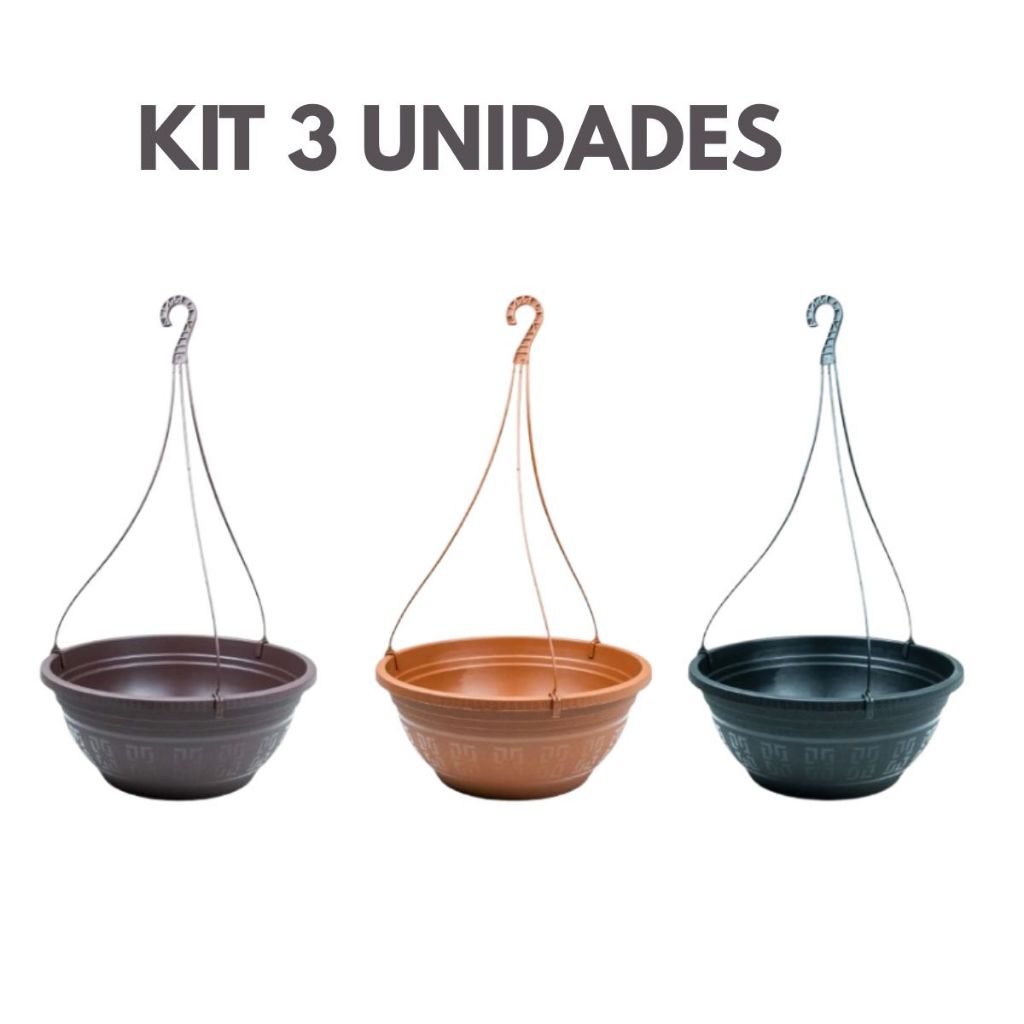 KIT 3 Vasos de Pendurar Cuia 6 Litros com Alça 50cm Para Plantas Jardim Flores