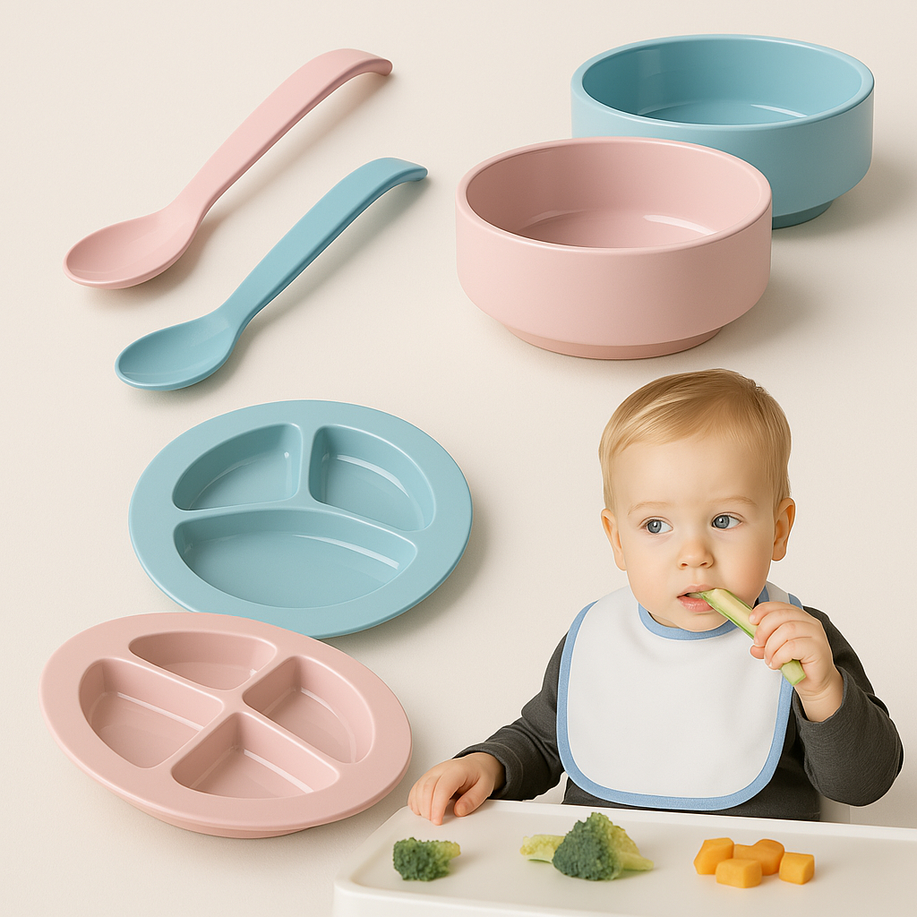 Kit Alimentação Bebê Pratinhos + Potinhos + Talher Infantis 6 Peças