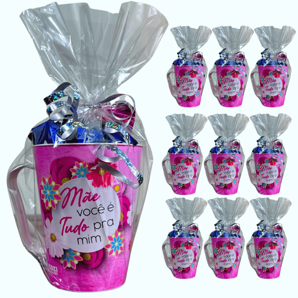 Kit 10 Canecas + Bombons Completa Presente Dia das Mães Plástico Atacado Presente Chocolate Lembrancinha Copo Revenda