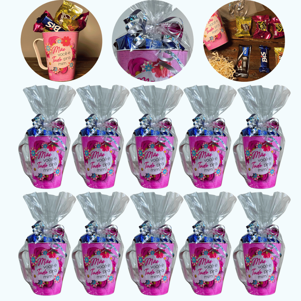 kit 40 Canecas + Bombons Dia das Mães Plástico Atacado Presente Lembrancinha Copo Revenda Completo