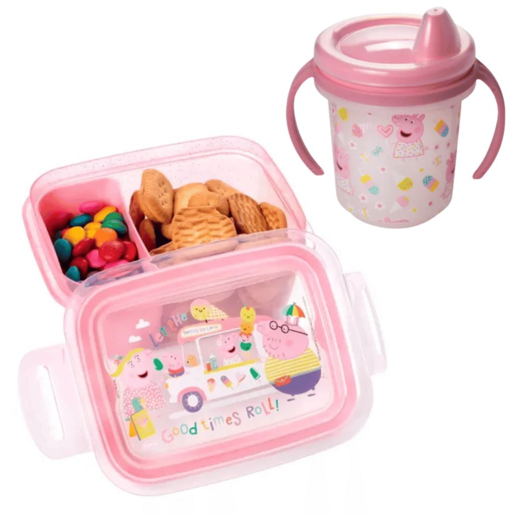 Kit Marmita Infantil + Copo Peppa Pig  Plástico Não Vaza Vasilha Pote Lancheira Desenho Menina Escolar Merenda Divisória