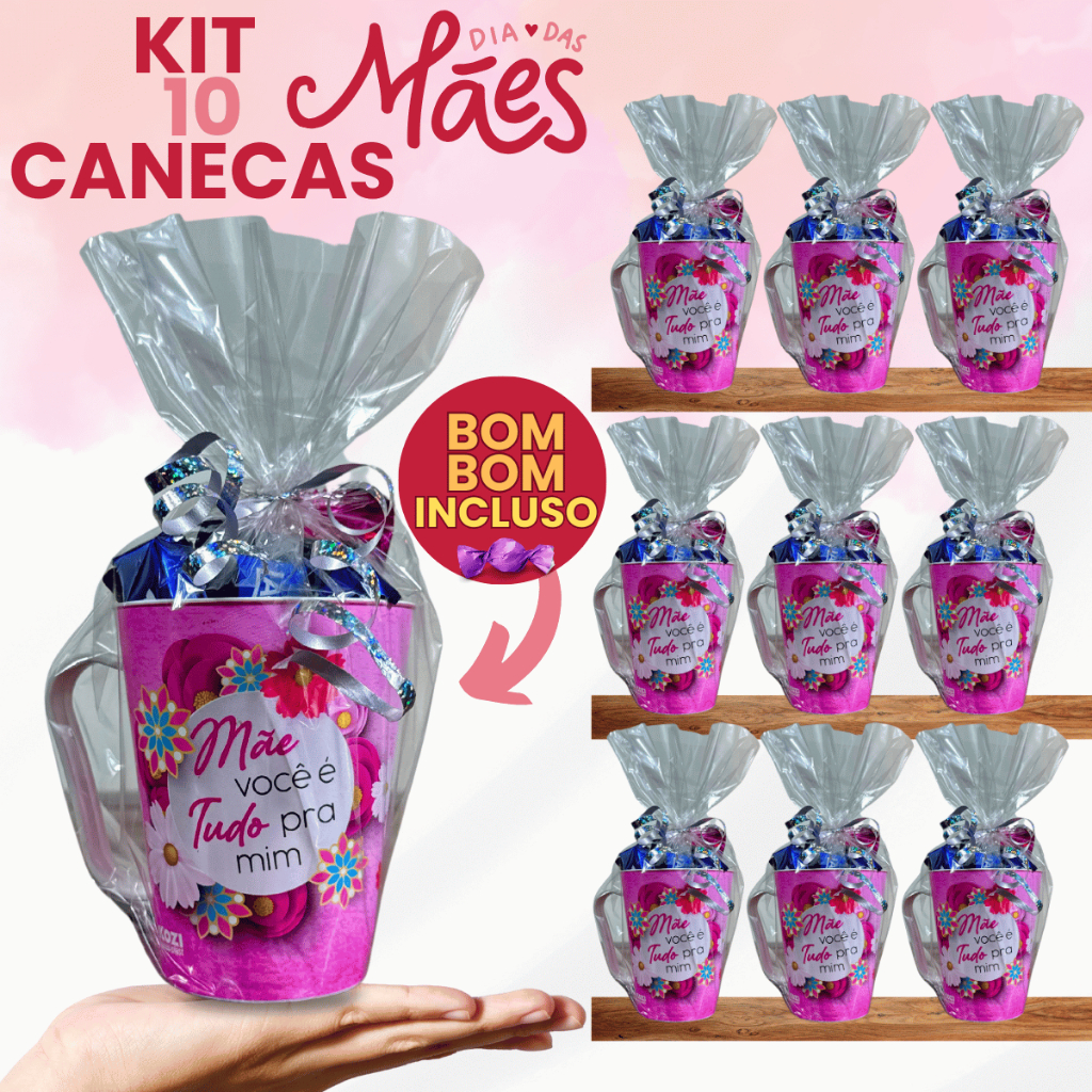 Kit 10 Canecas + Bombons Presente Dia das Mães Plástico Atacado Presente Chocolate Lembrancinha Copo Revenda Completo