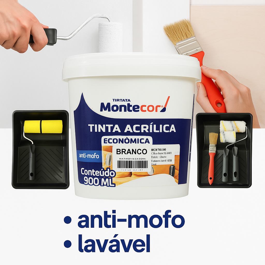 Tinta Acrílica 1/4 900ml Branco P/ Parede e Mdf Lavável e Anti Mofo C/ Kit de Pintura