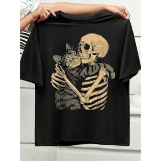 Camiseta Unissex "Caveira e Gato" em Oferta na Shopee