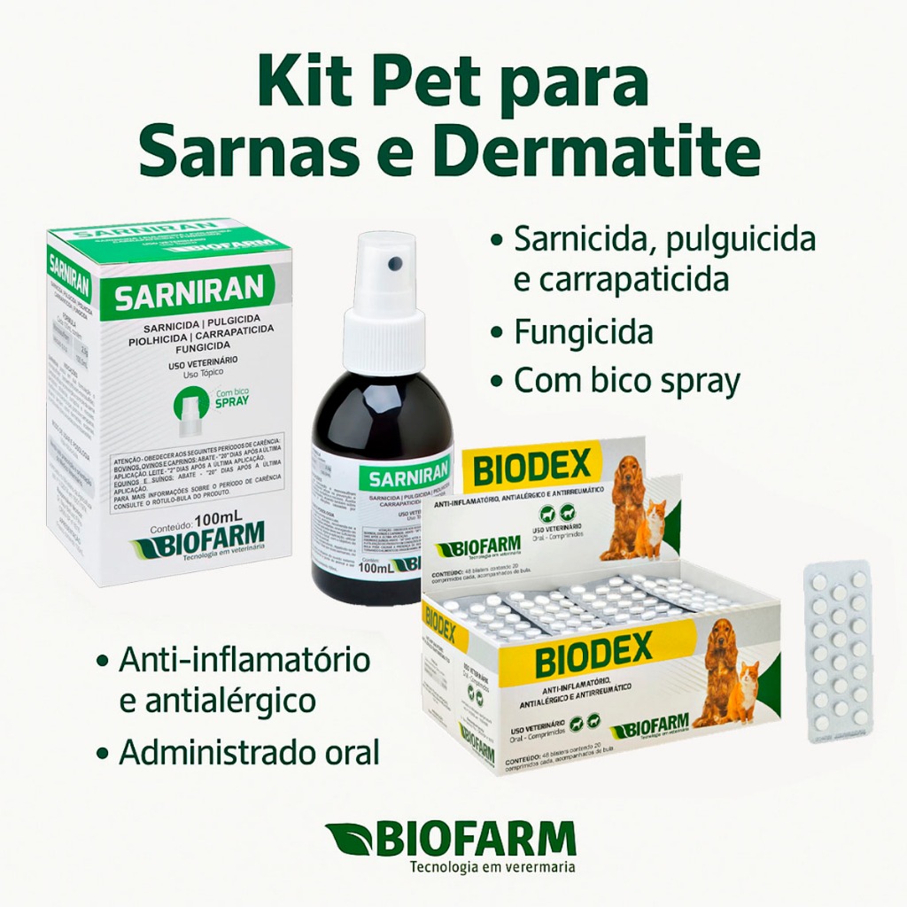 Kit para Sarnas e Dermatite Pet - Spray Sarniran 100ml + 1 cartela Biodex Comprimido em Oferta na Shopee