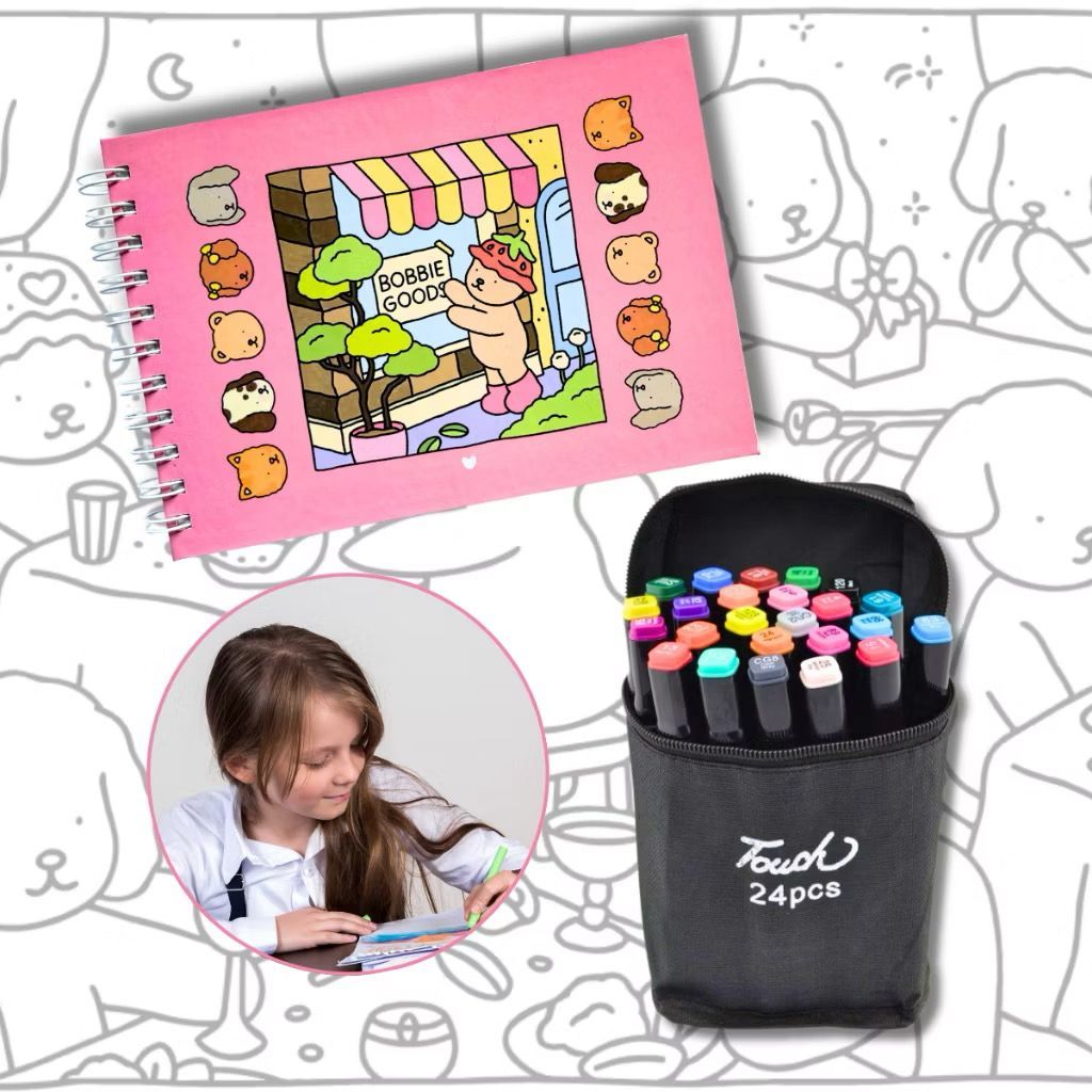 KIT Livro de Colorir Capa Dura + Canetinhas Ponta Dupla 24 Cores
