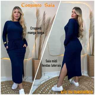 Conjunto feminino midi saia cropped manga longa, a saia tem fendas lateral a blusa e manga longa