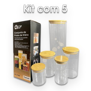 Conjunto de Potes Herméticos com Tampa de Bambu - 5 peças