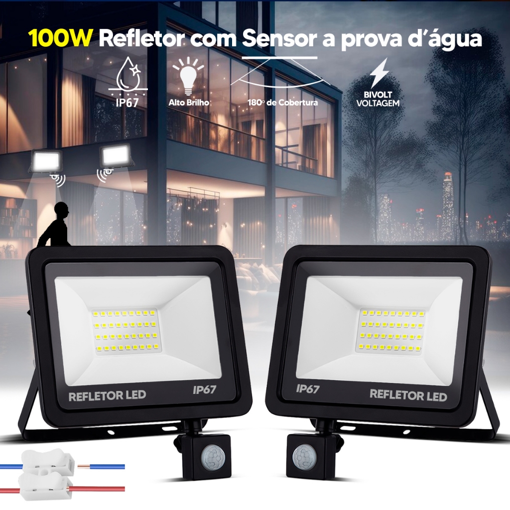 Kit 2 Refletor Led 100w Sensor Presença Fotocélula Luz Branco Frio 6500k 110v/220v