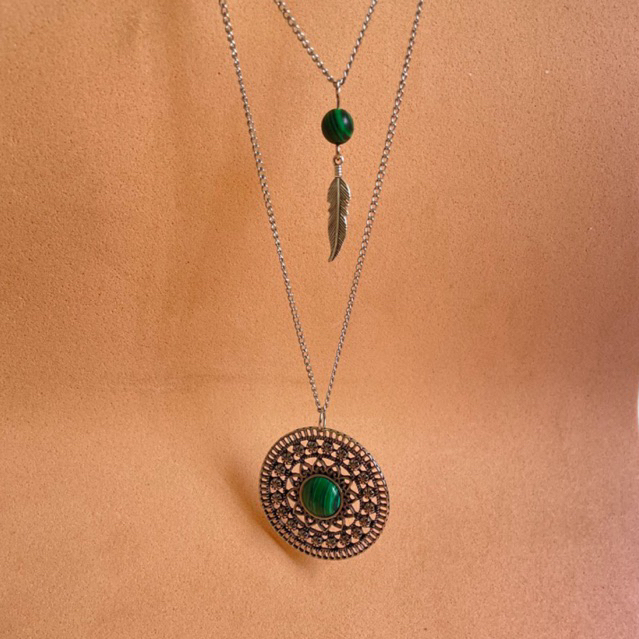 Conjunto de mandala em aço inox de pedra malaquita brinco e colar duplo