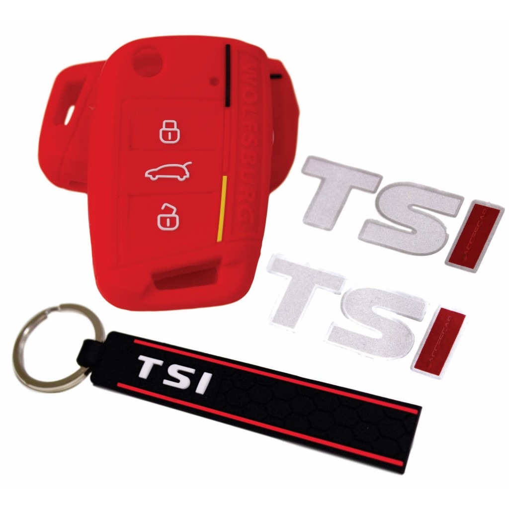Kit Capa Chave Presencial Silicone VW Wolfsburg 3 Botões Vermelho + Chaveiro TSI + Par Adesivos TSI Coluna.