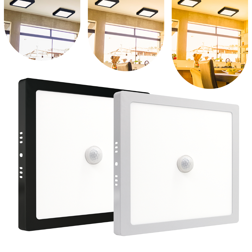 Painel Plafon Led Com Sensor Sobrepor 18w ou 25w Preto / Branco Bivolt Luz Frio Redondo / Quadrado em Oferta na Shopee