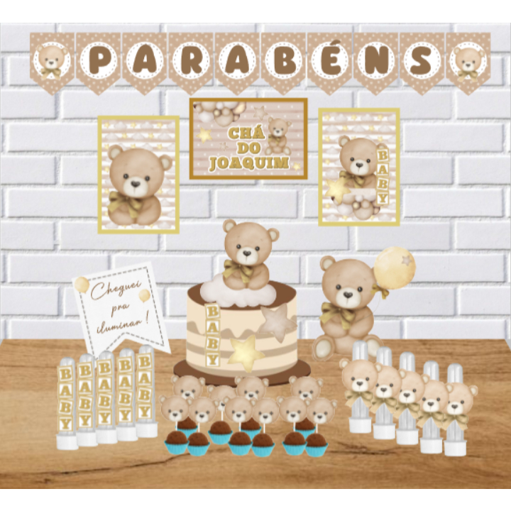 Kit Festa Personalizado Chá de Bebê Urso Bege Menino ou Menina Só um Bolinho Mesversário Aniversário Infantil